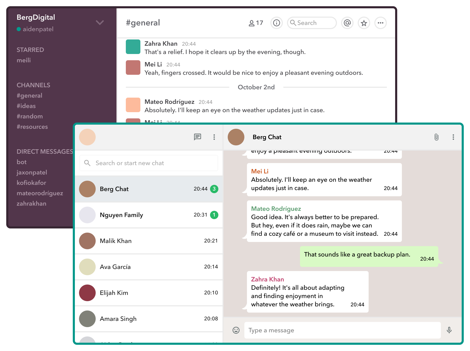 References of other group chat interfaces like Whatsapp, FB Messenger, and Slack.